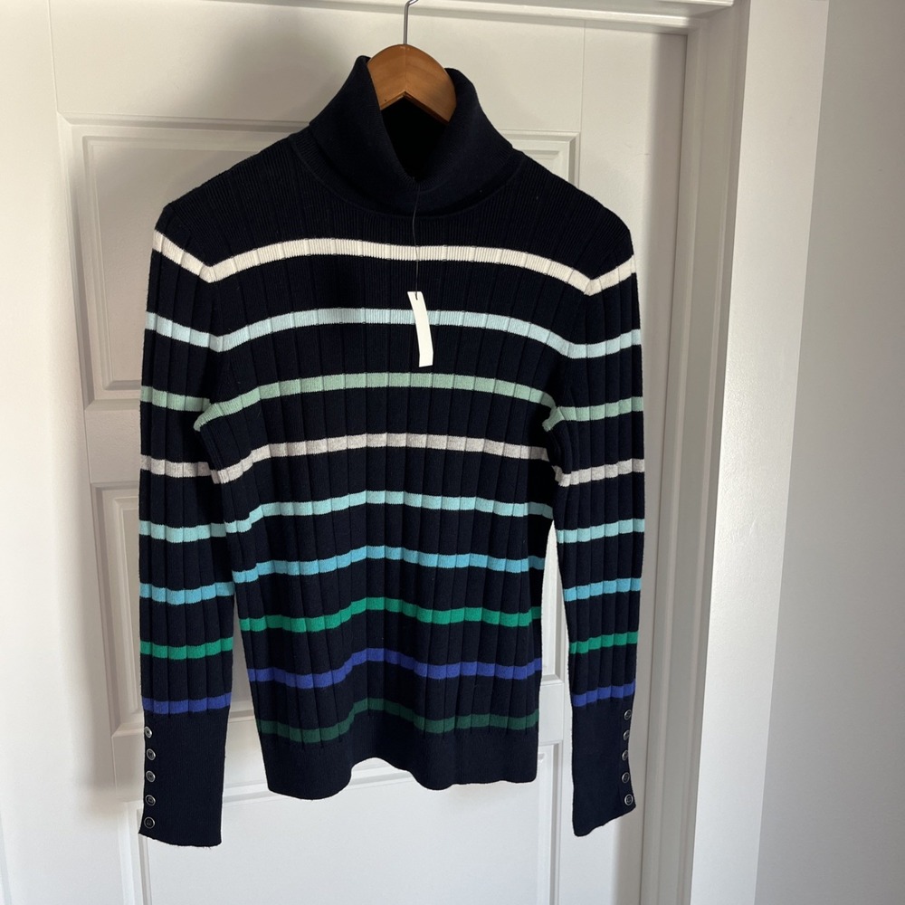 TALBOTS Blue Green Stripe Ribbed Turtleneck Sweater Button Cuff S New Nautical - Picture 2 of 12